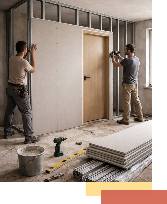 Перегородка из гипсокартона с дверью под ключ в Кизилюрте