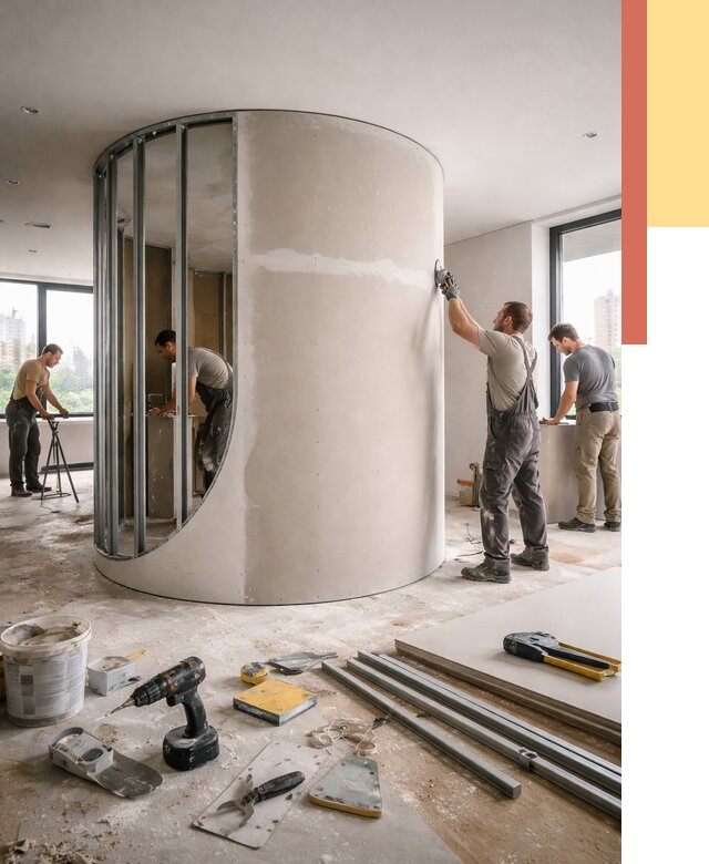 Радиусная перегородка из гипсокартона в Кизилюрте от 2995 руб. под ключ | ОТДЕЛОЧНИК-Кзт