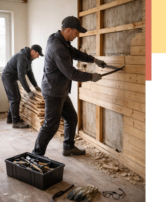 Демонтаж вагонки в Кизилюрте от 3924 руб/м2 — быстро и недорого | ОТДЕЛОЧНИК-Кзт