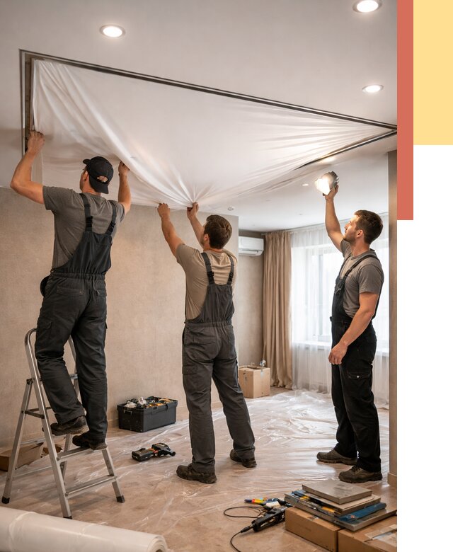 Монтаж ПВХ натяжного потолка в Кизилюрте от 3614 руб. под ключ | ОТДЕЛОЧНИК-Кзт