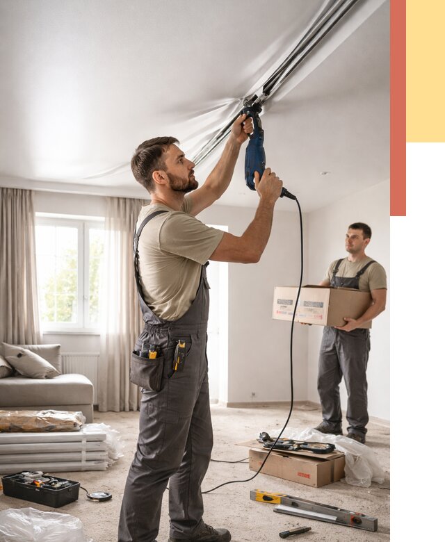 Монтаж сатинового натяжного потолка в Кизилюрте от 3614 руб. | Быстро, недорого — ОТДЕЛОЧНИК-Кзт