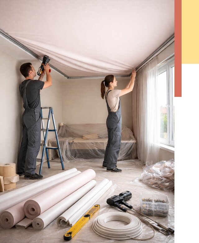 Монтаж цветного натяжного потолка в Кизилюрте от 4337 руб/м² — быстро и недорого | ОТДЕЛОЧНИК-Кзт