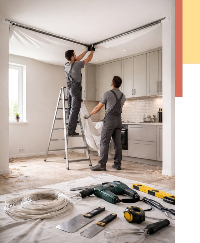 Установка натяжного потолка на кухне в Кизилюрте от 2478 руб. | ОТДЕЛОЧНИК-Кзт