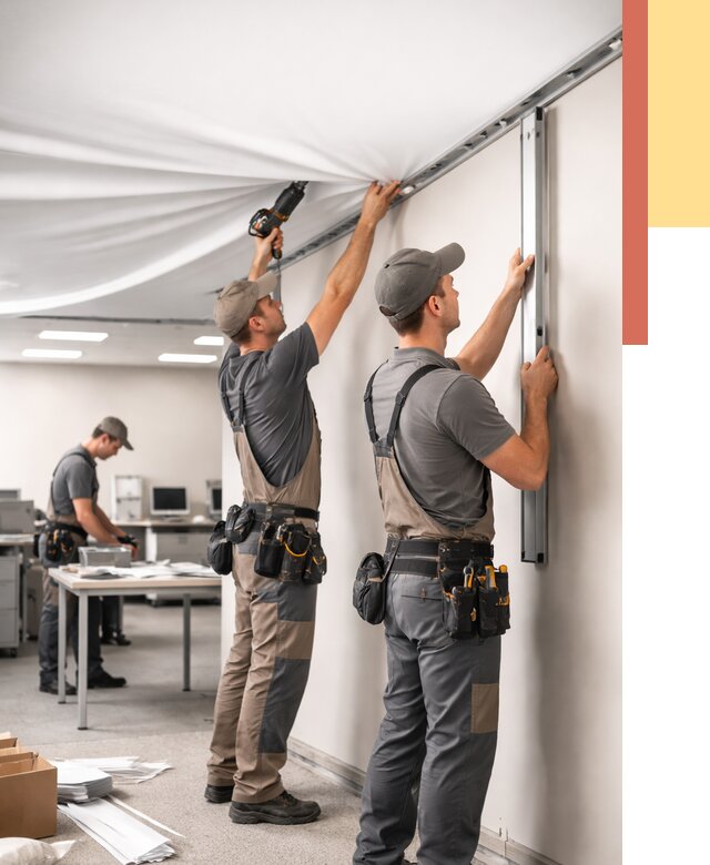 Монтаж натяжного потолка в офисе в Кизилюрте от 465 руб/м² — быстро и недорого | ОТДЕЛОЧНИК-Кзт