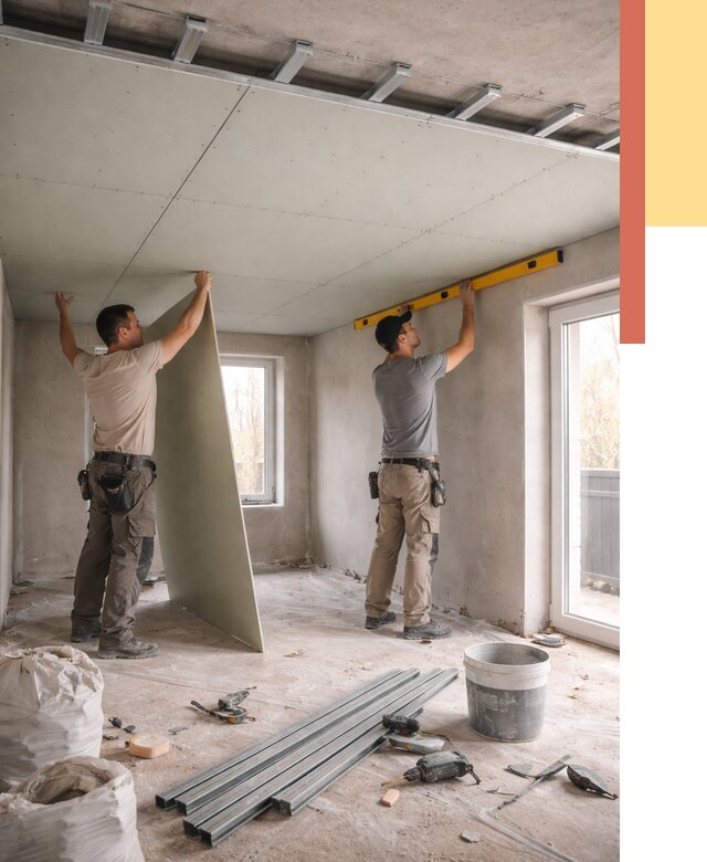 Одноуровневый потолок из гипсокартона в Кизилюрте от 774 руб. — монтаж под ключ | ОТДЕЛОЧНИК-Кзт